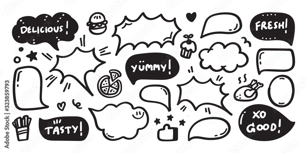 Hand drawn set of speech bubbles with dialog words:yes, hello, no, love you, ok, Vector illustration. Hand drawn set of speech bubbles with dialog words:yes, hello, no, love you, ok, Vector illustration.