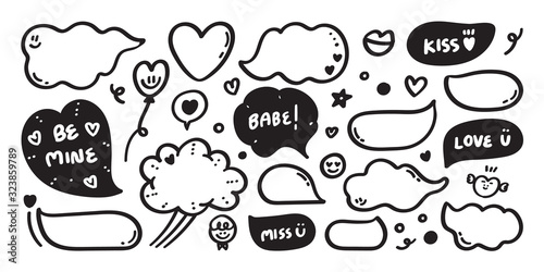 Hand drawn set of speech bubbles with dialog words:yes, hello, no, love you, ok, Vector illustration.