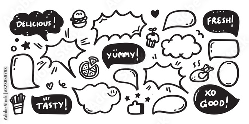 Hand drawn set of speech bubbles with dialog words:yes, hello, no, love you, ok, Vector illustration.