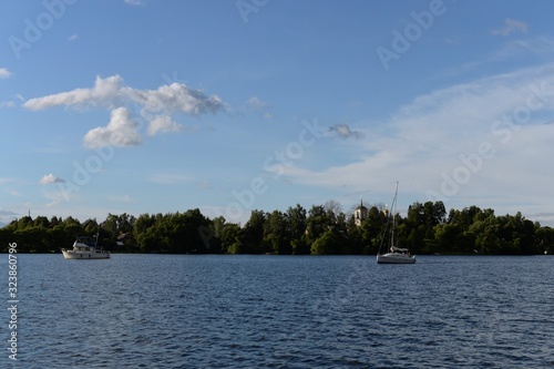 View of the village of Ostashkovo from the Klyazma reservoir of the Moscow canal