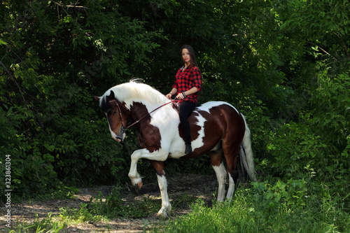 Beautiful country girl bareback ride her painted tinker horse in woods glade at sunset