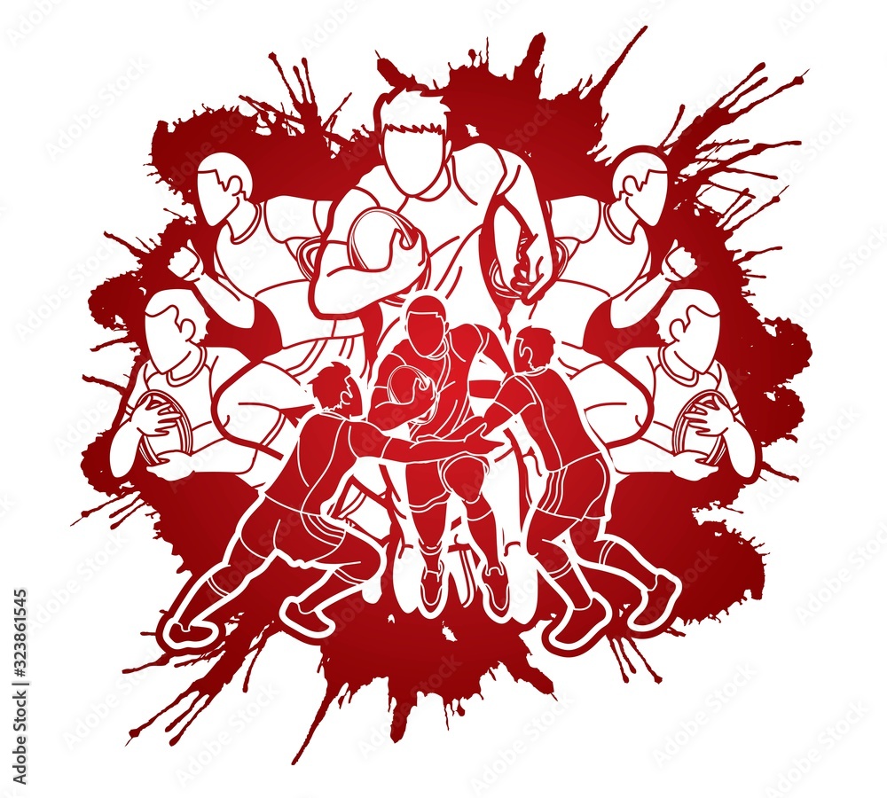 Group of Rugby players action cartoon sport graphic vector