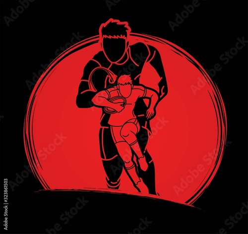 Group of Rugby players action cartoon sport graphic vector