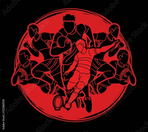 Group of Rugby players action cartoon sport graphic vector