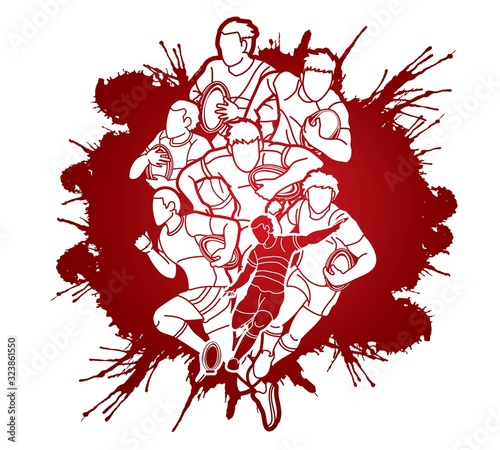 Group of Rugby players action cartoon sport graphic vector