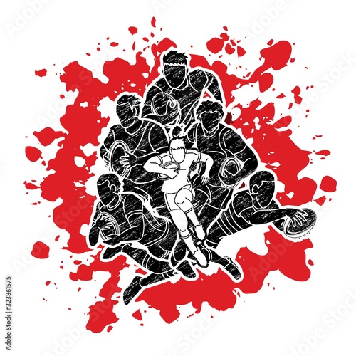 Group of Rugby players action cartoon sport graphic vector