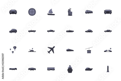 Isolated transportation vehicles fill style icon set vector design