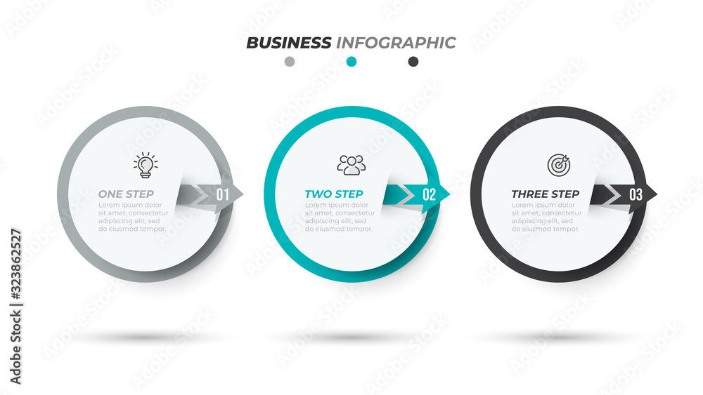 Business Infographic template design label with marketing icons and 3 number options or steps. Vector element with arrows. Can be used for workflow layout, info chart, presentation.