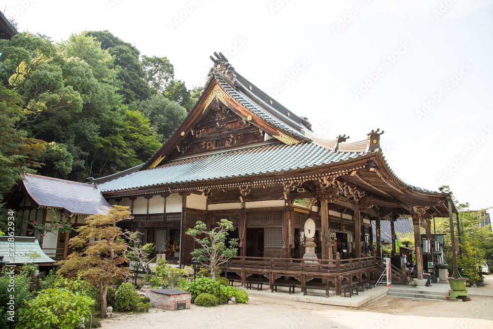 Photograph of a Japanese temple with some bonsai
