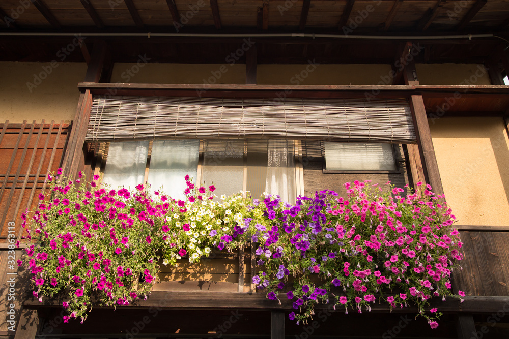 Obraz premium Photograph of a window with colorful flowers and a wooden shutter
