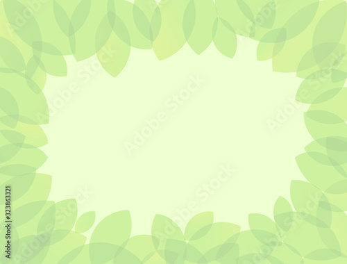 Green leaves frame. Spring, summer background with plant elements and transparent effects. Isolated abstract graphic design template. Happy holidays congrats. Presentation slide picture, standard size