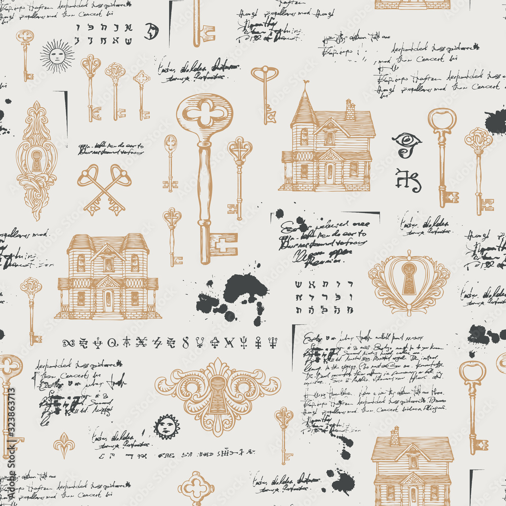 Fototapeta Vector seamless pattern with vintage hand-drawn keys, keyholes and old houses in retro style. Abstract background with sketches, unreadable notes, blobs. Suitable for wallpaper, wrapping paper, fabric