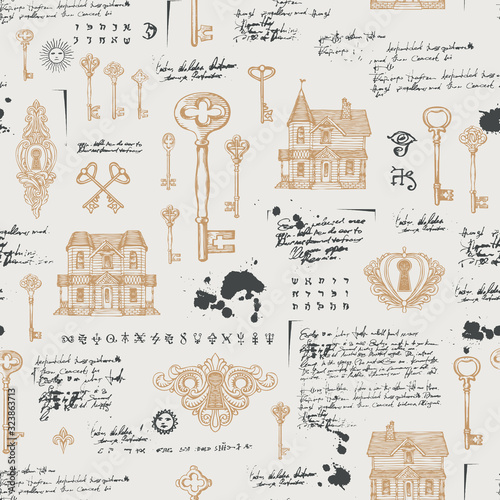 Vector seamless pattern with vintage hand-drawn keys, keyholes and old houses in retro style. Abstract background with sketches, unreadable notes, blobs. Suitable for wallpaper, wrapping paper, fabric