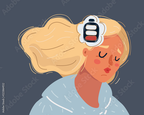 Woman feeling tired and low battery on dark.