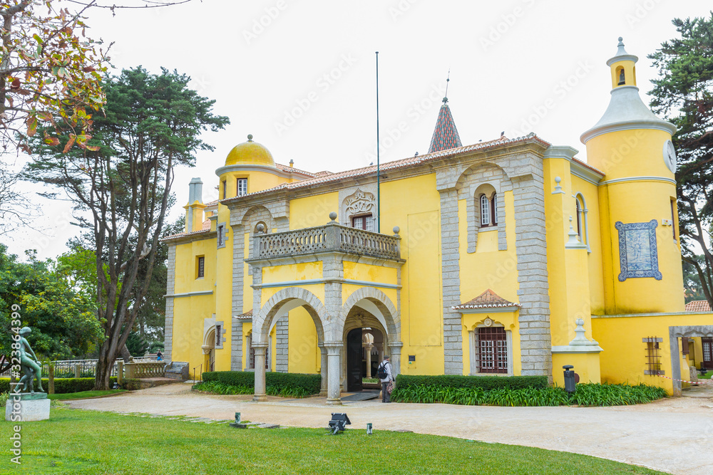 Fototapeta premium Condes de Castro Guimarães Museum (Torre de S. Sebastião), Cascais, Lisbon district, Portugal. Architecture : Neo-romanticism & Neo-Gothic, Neo-Manueline, Neo-Moorish. Medieval look.