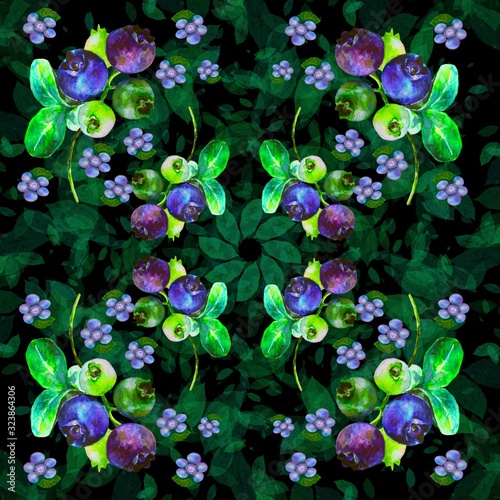 Pattern with blue flowers and blueberries  photo