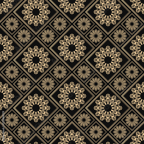 Islamic vector design. Seamless pattern oriental ornament. Black and golden textile print. Floral tiles.