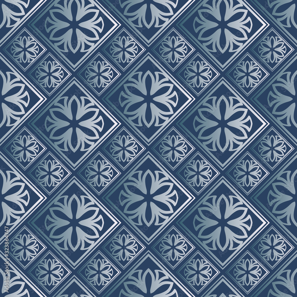 Islamic vector design. Seamless pattern oriental ornament. Blue and silver textile print. Floral mandala tiles.