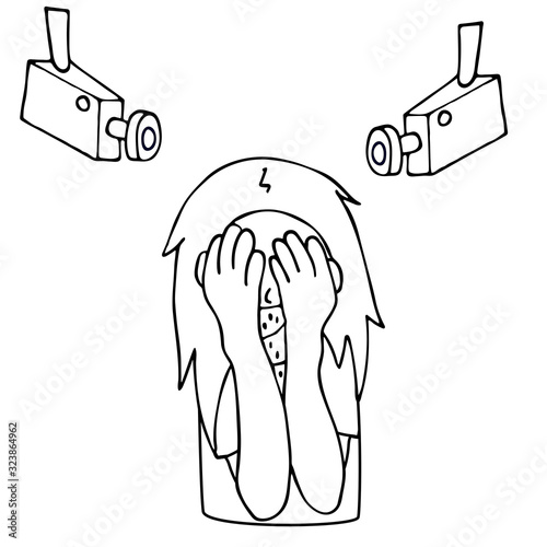 woman hides her face with hands from surveillance cameras. cctv. white background isolated outline vector illustration