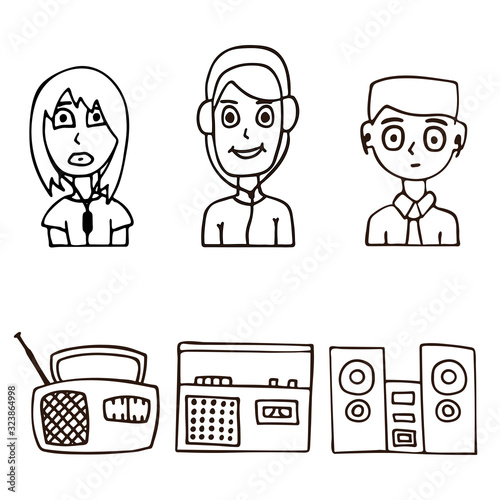 A vector illustration of a boy and a girl listening to music on the radio and music center. isolated stock illustration