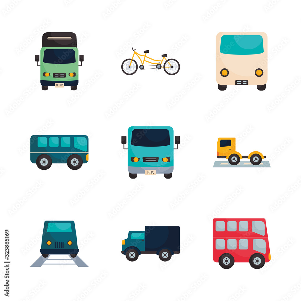 Isolated transportation vehicles flat style icon set vector design Isolated transportation vehicles flat style icon set vector design