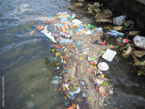 rubbish, garbage and plastic waste floating in the sea in the caribbean