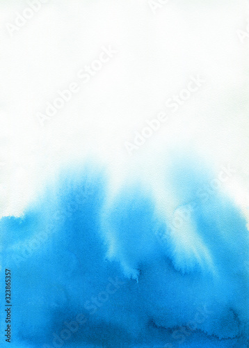 Hand painted blue watercolor background. Watercolor wash. Blue brush strokes background design isolated