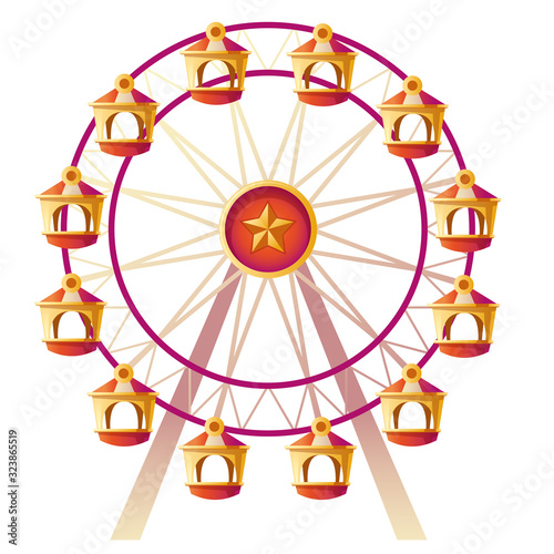 Ferris wheel. Vector illustration of carousel on carnival funfair, amusement park. Cartoon icon of entertainment attraction, roundabout observation wheel isolated on white background