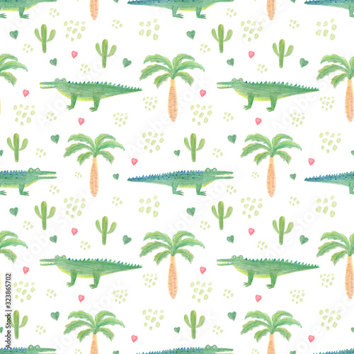 Crocodile seamless pattern in childish cartoon style on white background. Watercolor and pencil hand drawn funny crocodiles for children textile, print, bacground, wallpapper, fabric. Cute aligator. 
