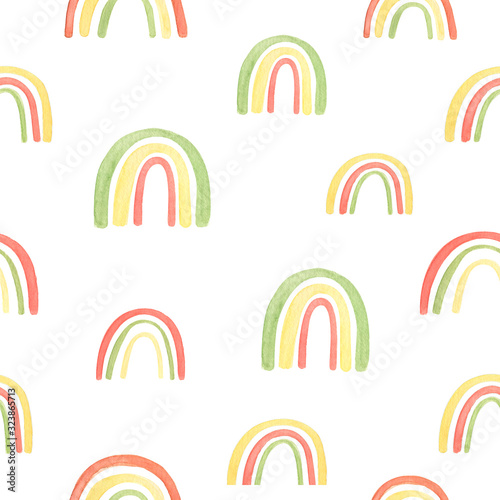 Fototapeta Naklejka Na Ścianę i Meble -  Childish style watercolor rainbow pattern in vintage colors. Seamless pattern on white background. For childrens, kids textile, baby  fashion. Trend palett for spring, summer season. Abstract pattern.