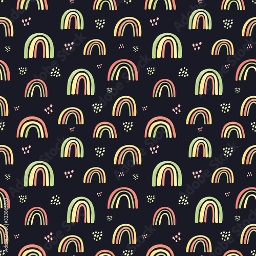 Childish style watercolor rainbow pattern in vintage colors. Seamless pattern on black background. For childrens, kids textile, baby fashion. Trend palett for spring, summer season. Abstract pattern.