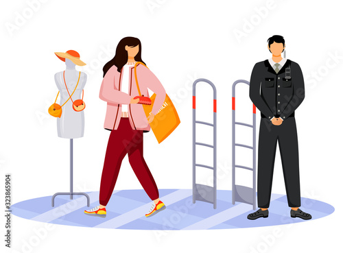 Shoplifting flat color vector faceless character. Kleptomania. Store theft. Woman stealing purse from shop. Thief and security guard in shopping mall. Larceny. Isolated cartoon illustration