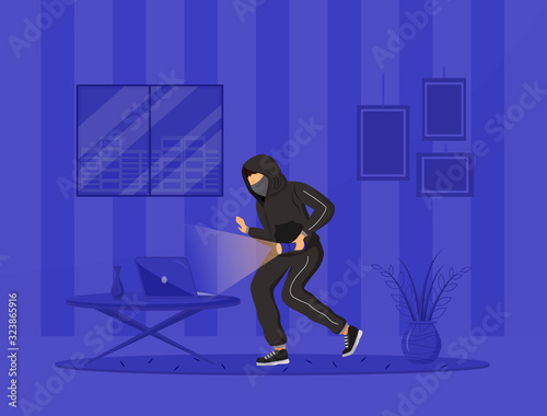 Home invasion flat color vector illustration. House thief. Burglar with flashlight breaking in apartment at night. Felonious act. 2D cartoon characters, interior on background
