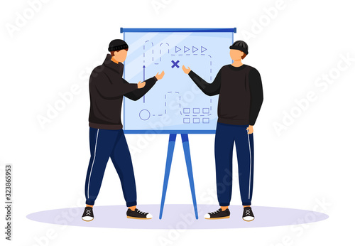 Two men planning criminal act flat color vector faceless character. Criminals preparing for attack. Robbers looking at map drawn on whiteboard. Isolated cartoon illustration