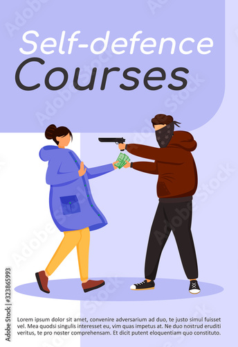 Self- defence courses poster flat vector template. Protection skills. Armed attack, assault. Street bullying. Brochure, booklet one page concept design with cartoon characters. Flyer, leaflet