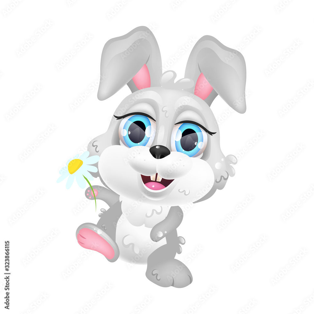 Cute rabbit girl with chamomile kawaii cartoon vector character. Adorable and funny animal grey hare holding flower isolated sticker, patch. Anime baby smiling bunny emoji on white background