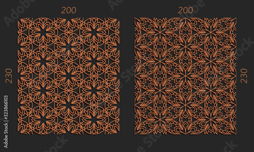 Laser cutting panels. Veneer vector trellis set. Plywood lasercut floral design. Hexagonal seamless patterns for printing, engraving, paper cut, silhouette stamps. Stencil lattice ornaments.