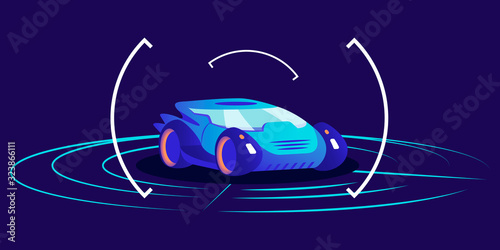 Driverless car flat color vector illustration. Futuristic autonomous transport, self driving automobile on blue background. Smart transport detection system interface, virtual showroom concept