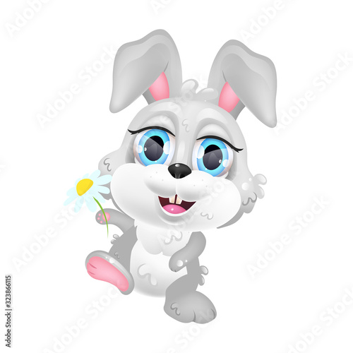 Cute rabbit girl with chamomile kawaii cartoon vector character. Adorable and funny animal grey hare holding flower isolated sticker  patch. Anime baby smiling bunny emoji on white background