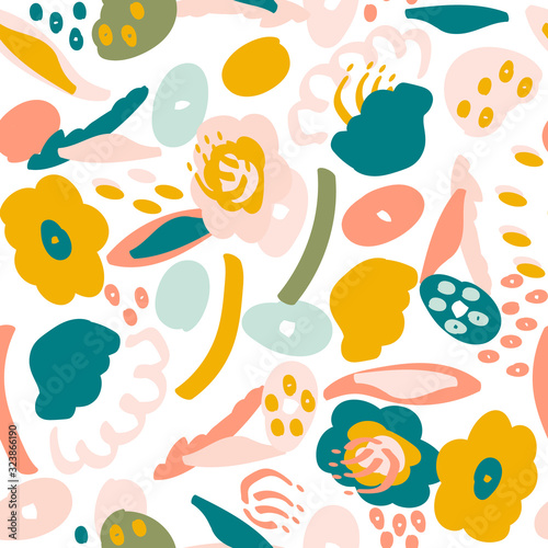 Seamless pattern with colorful floral elements. Cute texture with abstract hand drawn flowers. Design for fabric, wrapping paper, wallpaper, interior decor and more