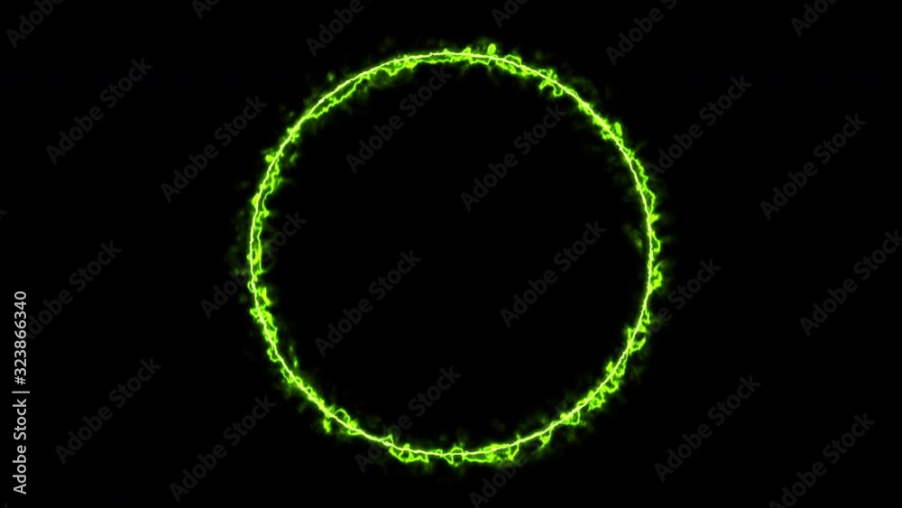 Empty circle, wheel frame with electric power border glowing, burning flame sign. Blank circle fire with electric power around frame lights. The best stock of animation round green electric power