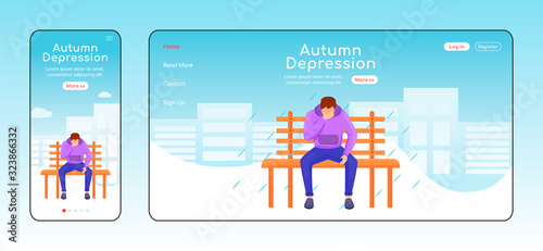 Autumn depression landing page flat color vector template. Melancholy homepage layout. Mobile display. Seasonal melancholy one page website interface, cartoon character. Wet weather banner, webpage