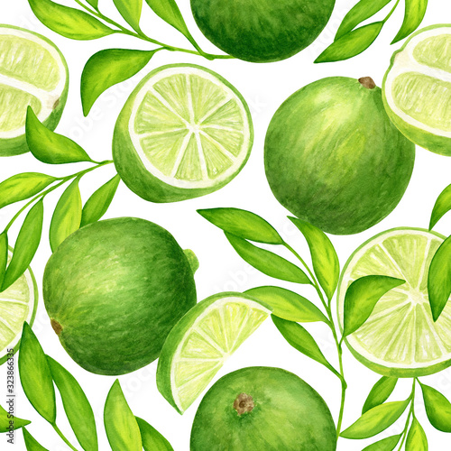 Watercolor lime with leaves seamless pattern. Hand painted fresh green citrus fruit illustration isolated on white background for textile, package, wrapping, cards, decoration