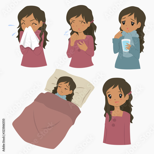 African American woman with flu sickness, cartoon character. Flu season vector set