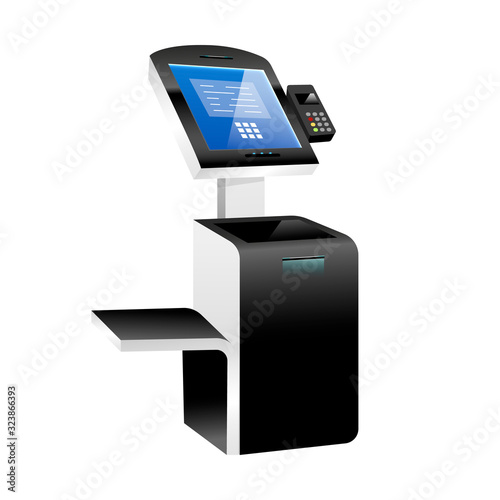 Self service kiosk with terminal realistic vector illustration. Interactive payment system flat color object. Store freestanding construction isolated on white background. Electronic pay counter