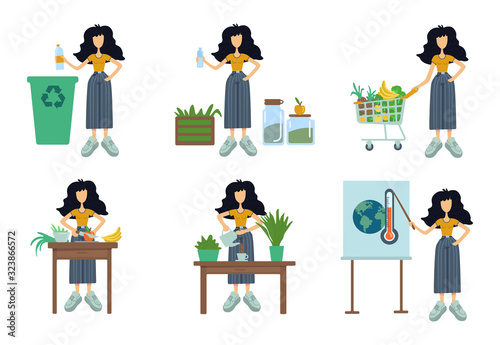 Zero waste flat cartoon vector illustrations kit. Standing woman. Healthy cooking. Global warming awareness. Herbal tea. Ready to use 2d comic character set templates for commercial, printing