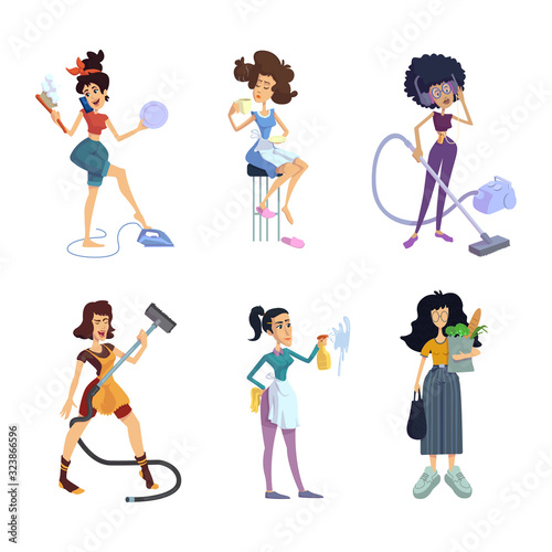 Housewives flat cartoon vector illustrations kit. Women doing domestic chores. Zodiac signs personalities types. Ready to use 2d comic character set templates for commercial, animation, printing