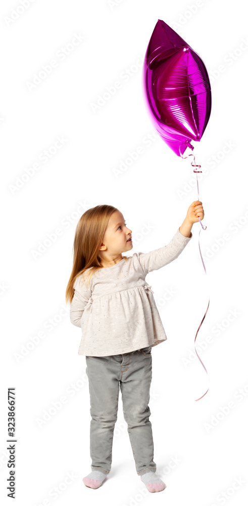 Cute little blonde girl with purple star shaped baloon isolated on white background Cute little blonde girl with purple star shaped baloon isolated on white background