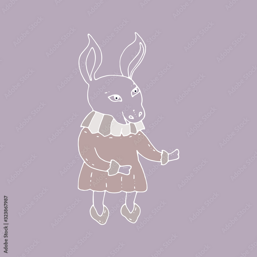 Hand drawn vector illustration funny fashionable donkey in a dress and high-heeled shoes. Cartoon character element for greeting cards, posters, T-shirts, cups, stickers and design.