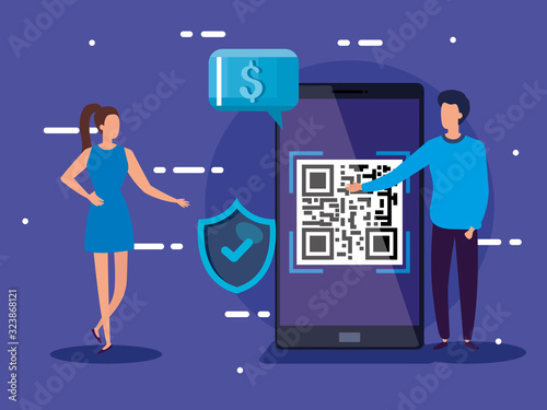 smartphone scan code qr with business people and icons vector illustration design